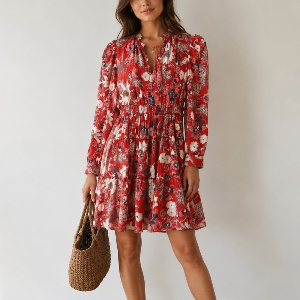 Ulla Johnson Liv Floral Mini Dress 2‎ Red Tiered Puff Sleeve Tassel Boho